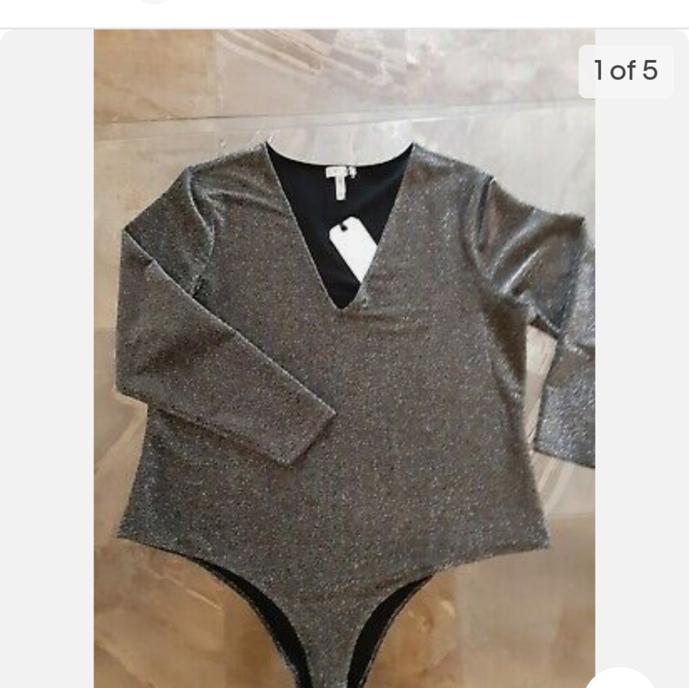 NWT-Leith Women Black Silver Metallic Long Sleeve Bodysuit